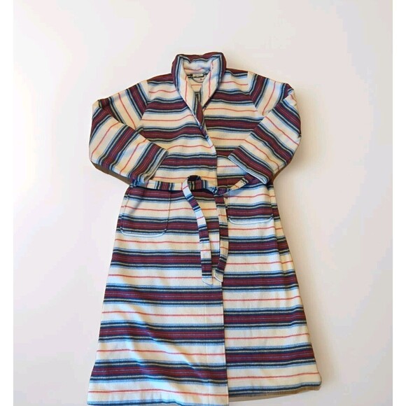 LL Bean Bathrobe Womens Medium Petite White Blue Red Stripes Lounge Belt - Picture 1 of 8